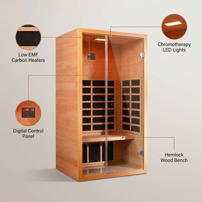 1 Person Extendable FAR Infrared Sauna for Home, Hemlock Wood Low EMF 6 Carbon Heaters Indoor Saunas with LED Lights, Bluetooth Speaker, Digital Control Panel, and Seating Bench