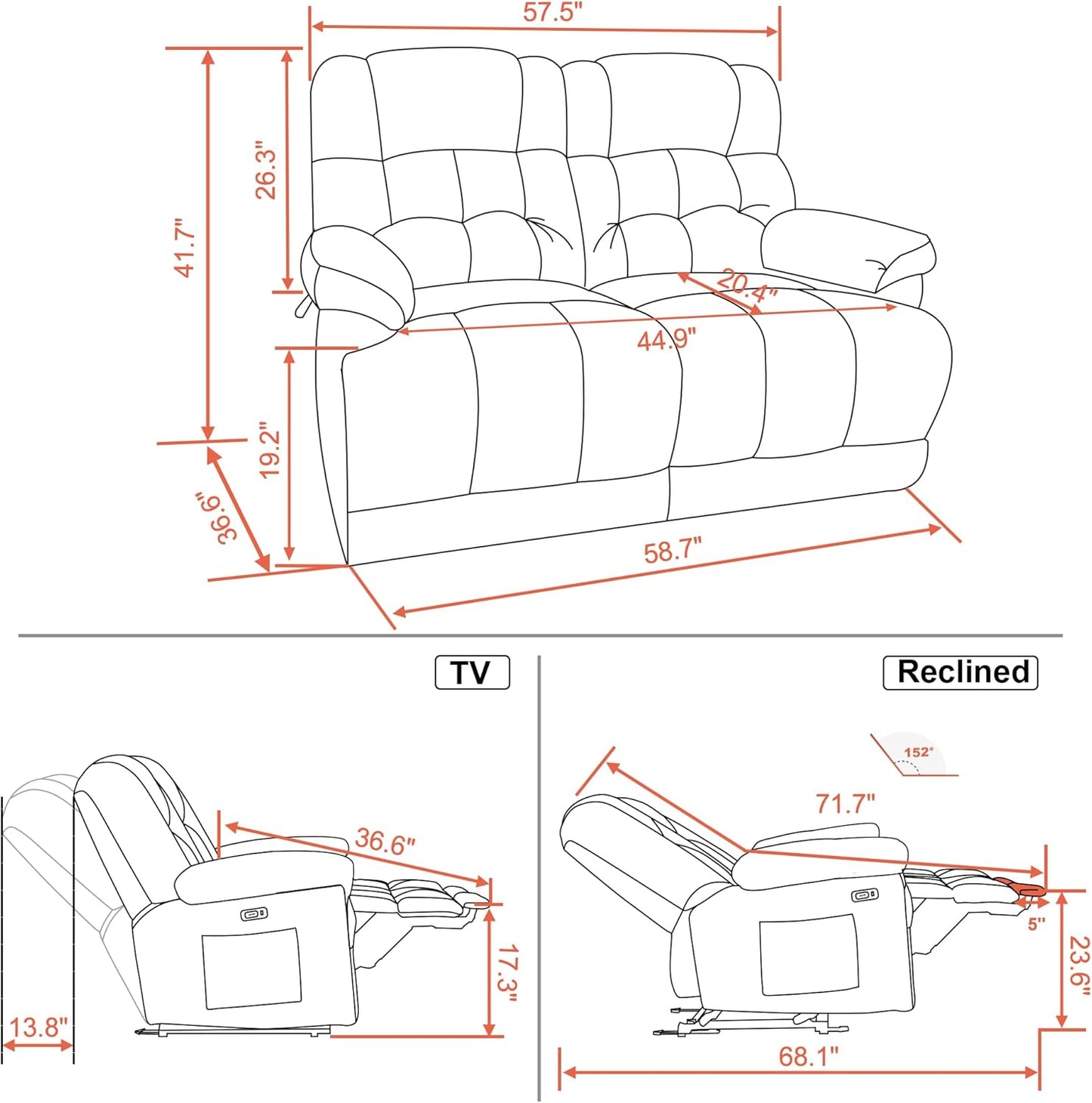 58.7" Zero Gravity Power Loveseat Recliner with Heat and Vibration Massage, Reclining Loveseat Sofa with USB Ports for Living Room, Fabric 6237 (Navy Blue)