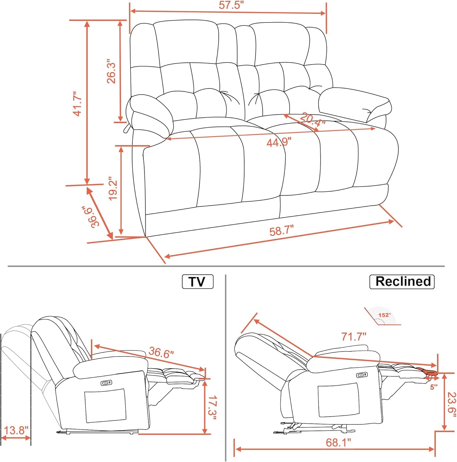 58.7" Zero Gravity Power Loveseat Recliner with Heat and Vibration Massage, Reclining Loveseat Sofa with USB Ports for Living Room, Fabric 6237 (Navy Blue)