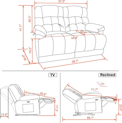 58.7" Zero Gravity Power Loveseat Recliner with Heat and Vibration Massage, Reclining Loveseat Sofa with USB Ports for Living Room, Fabric 6237 (Navy Blue)